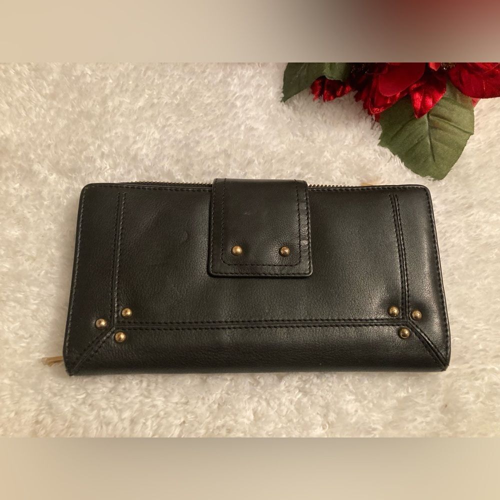 Uterqüe Black Leather Zip-Around Wallet with Gold Studs